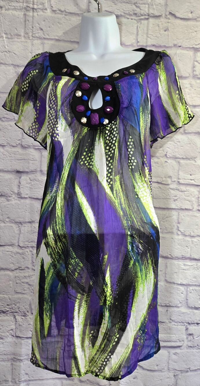 AGB Black Purple Lime Green Keyhole Neck Beaded Bodice Top M Lightweight